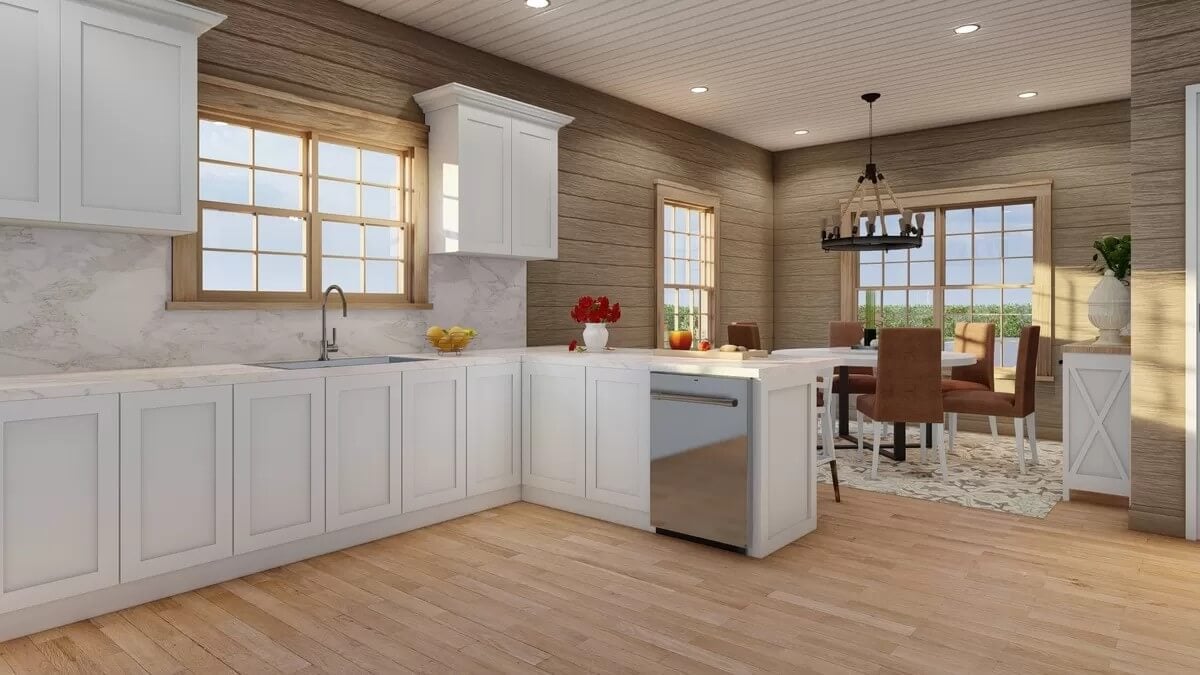 Kitchen and dining area separated by the peninsula bar.