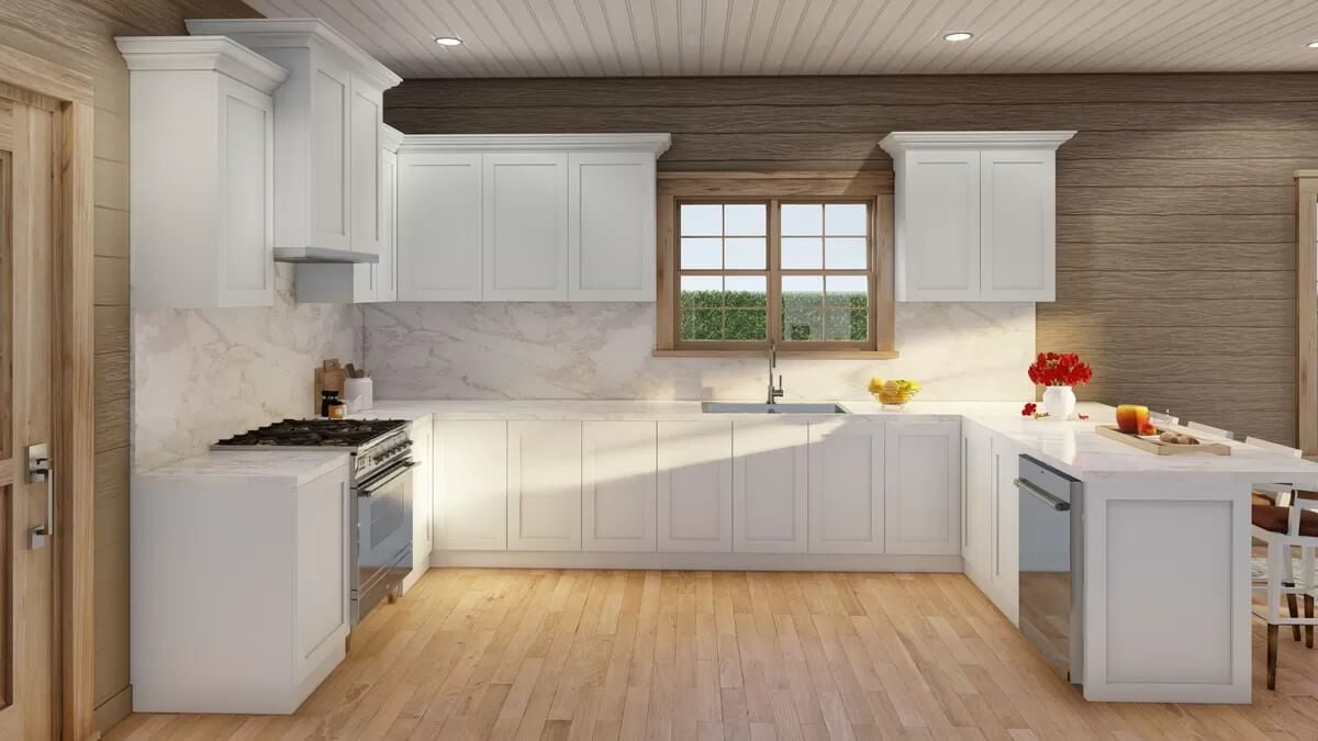 Wooden-framed windows above the sink brightens the kitchen.