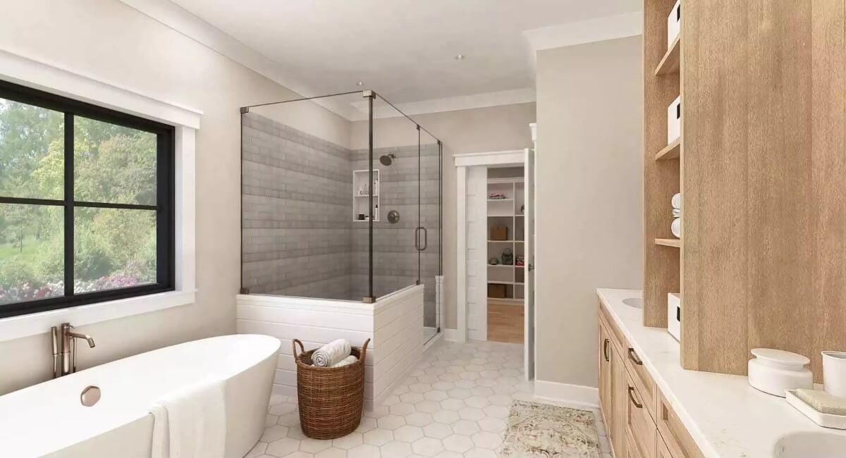 Primary bathroom with a soaking tub and a walk-in shower.