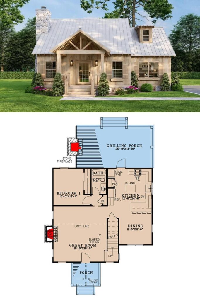 Two-Story Country Cabin with Three Bedrooms and a Covered Patio (Floor ...