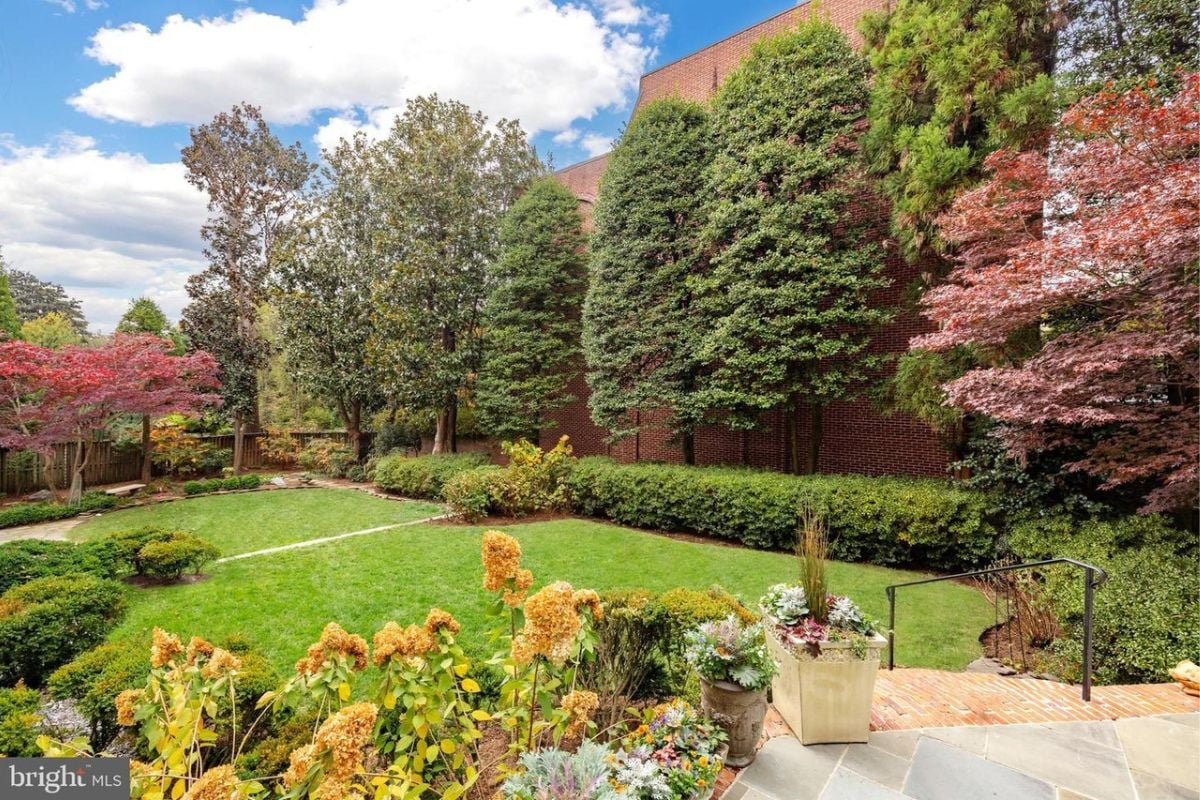 A garden with green grass, plants, and trees.