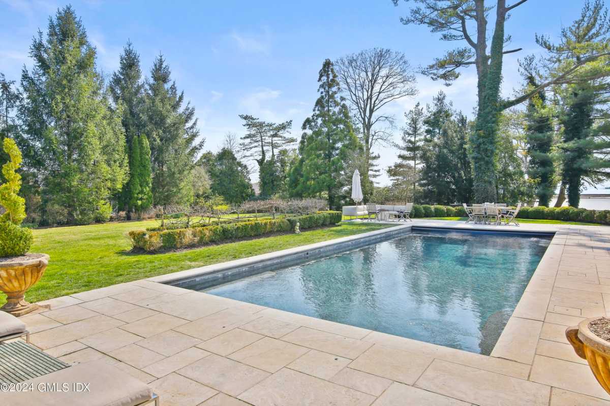 A swimming pool with plants, a table, and chairs at the poolside.