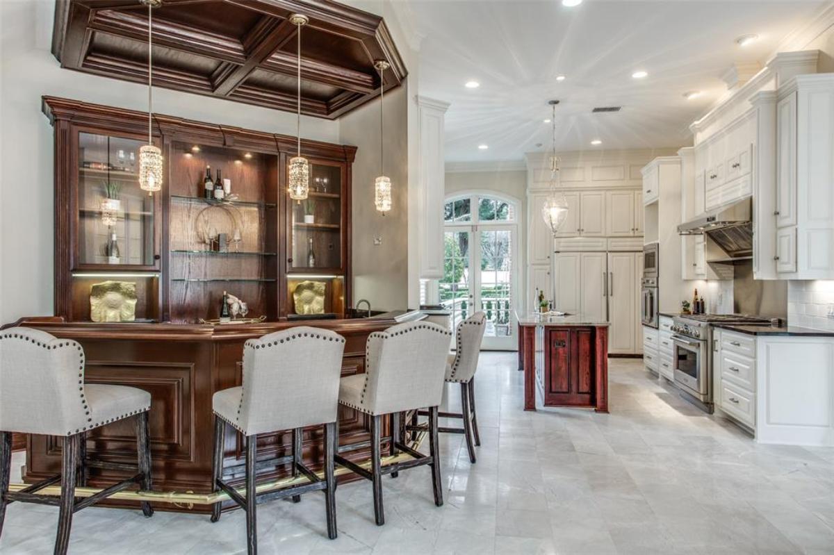 Bar with custom cabinetry.
