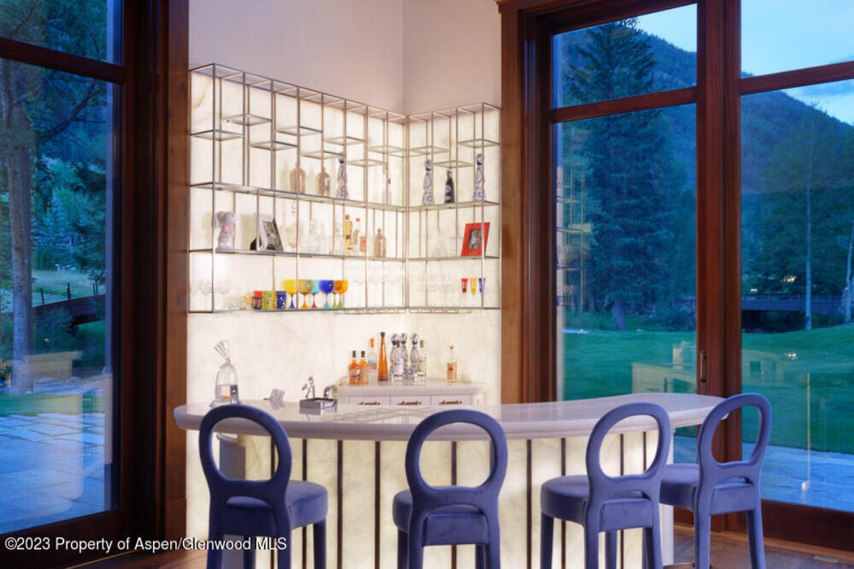 Bar with chairs and glass walls.