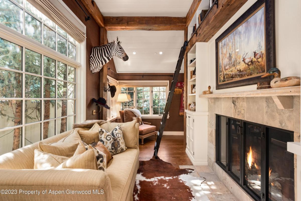 Living room with a couch, glass windows and a fireplace.