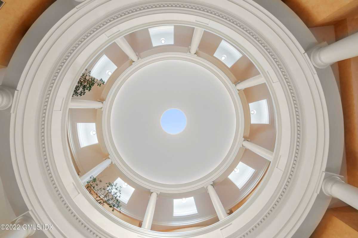 An atrium ceiling with skylight roofing.