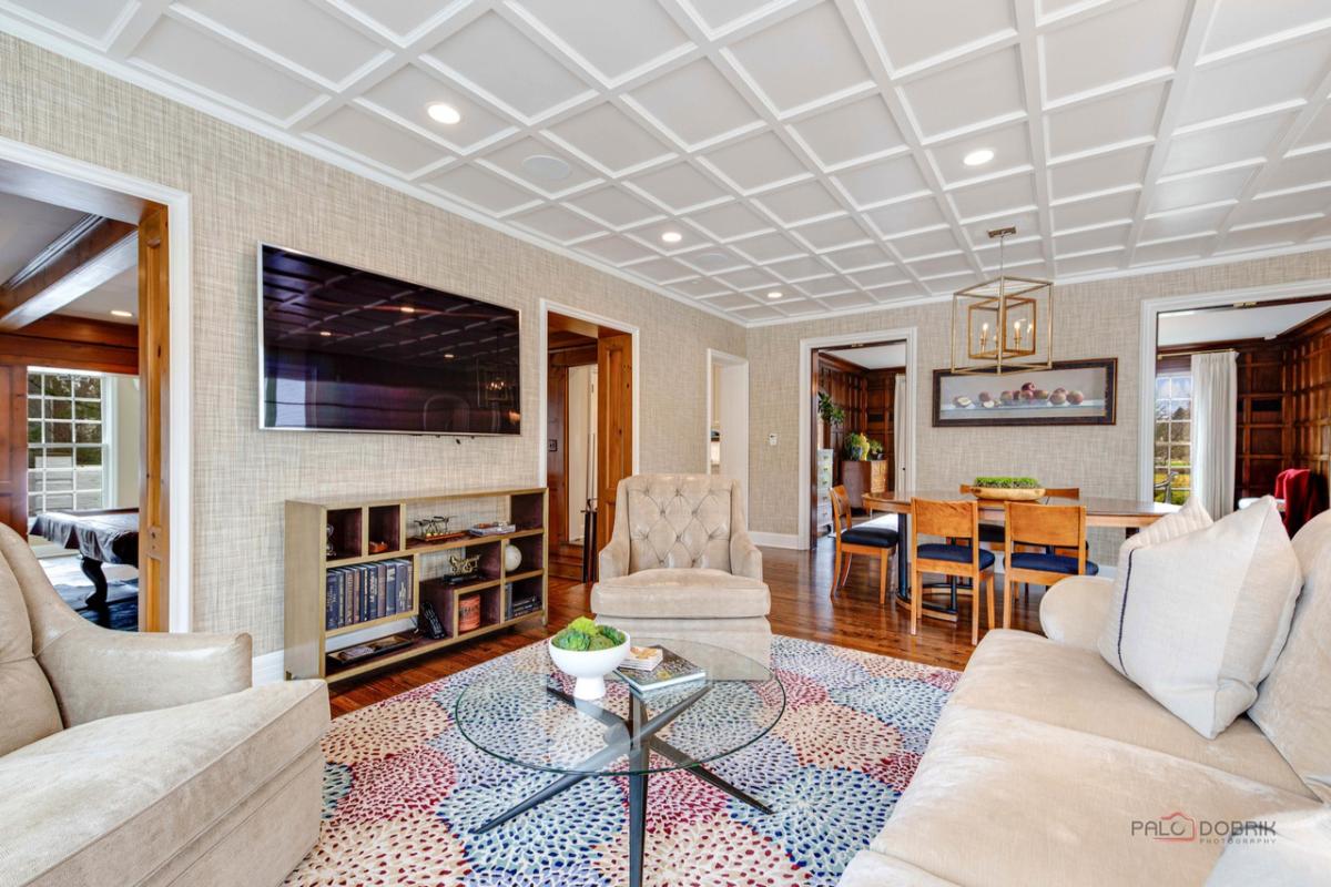 Living room with couches, TV and a large rug.