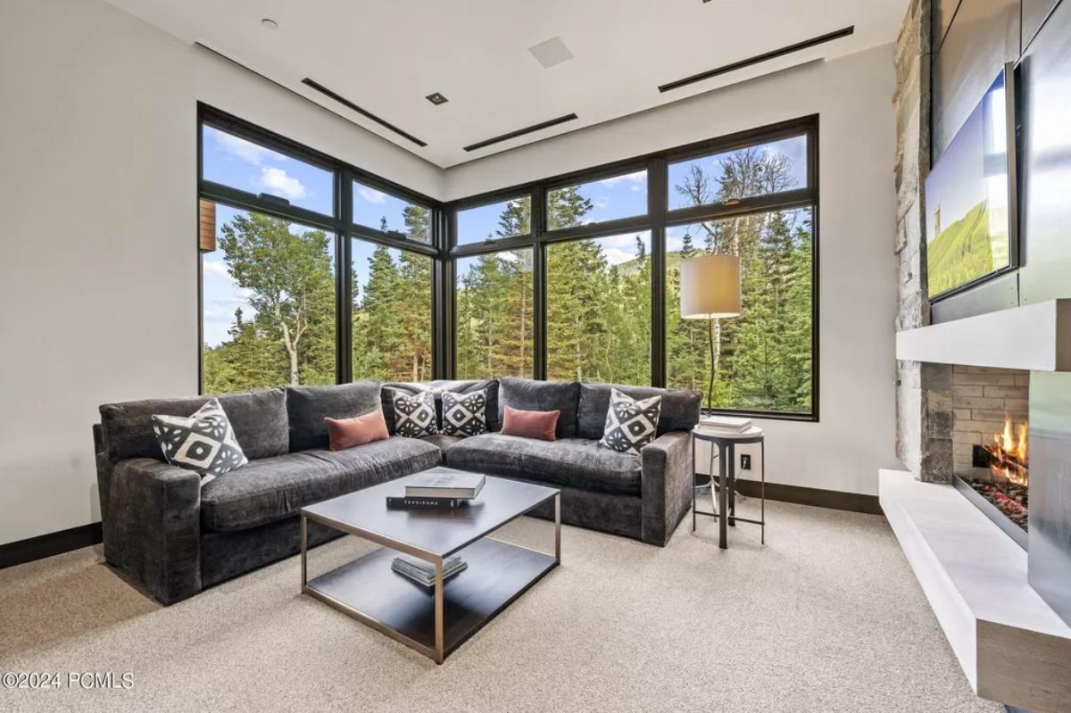 Living room with couches, TV, glass windows, fireplace and a carpet flooring.