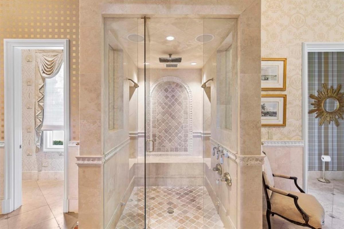 Bathroom with walk-in shower.