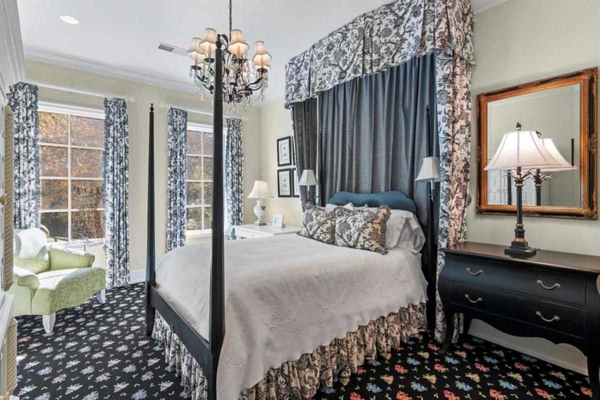 Bedroom with carpet flooring and glass windows.