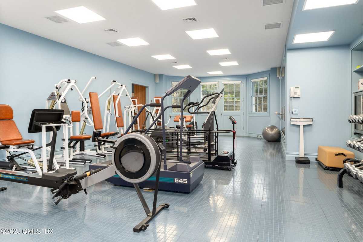 A home gym with a tiled floor, blue walls, a white ceiling with lighting, windows, and various gym equipment.