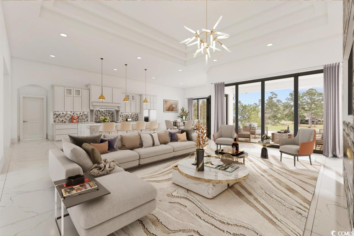Living room with sofas, tile flooring and custom lighting.