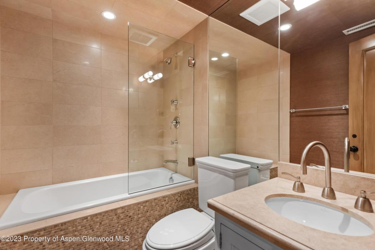 Bathroom with a toilet, fireplace, sink, shower and soaking tub.