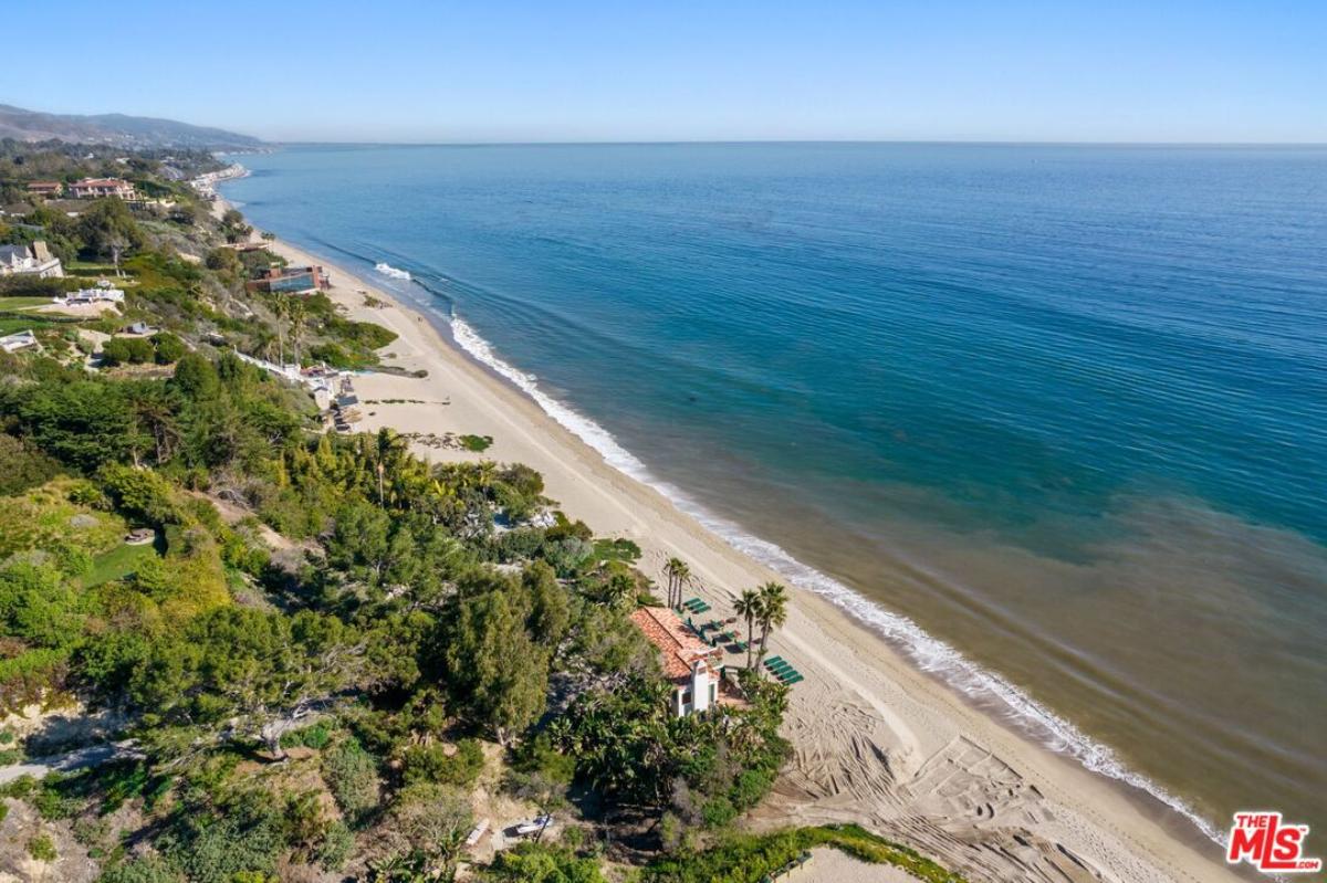 Aerial view of the property with ocean shore.