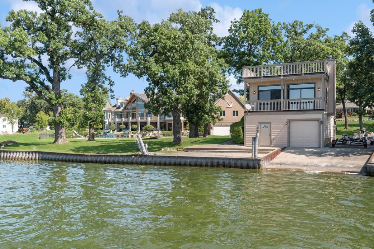 Boat dock with a boat house.