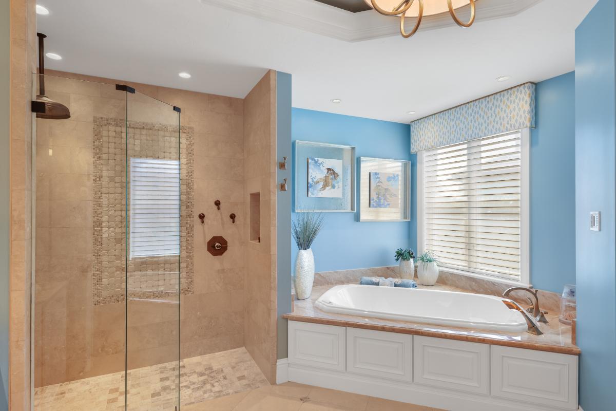 Bathroom with a soaking tub and a walk-in shower.