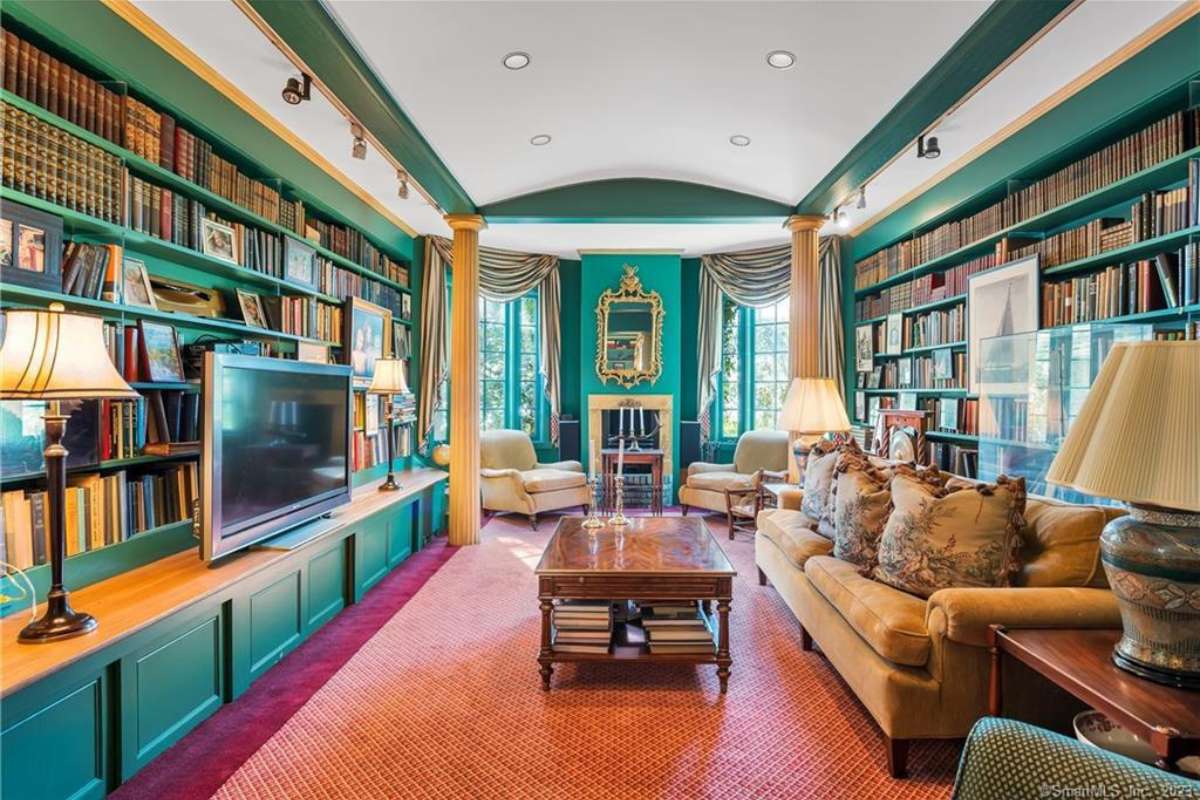 A library with a couch, a lampshade, bookshelves filled with books, a white arched ceiling, a coffee table, and a TV.