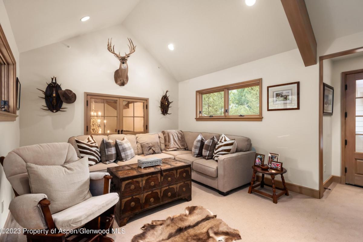 Family room with couch, carpet flooring and glass windows.