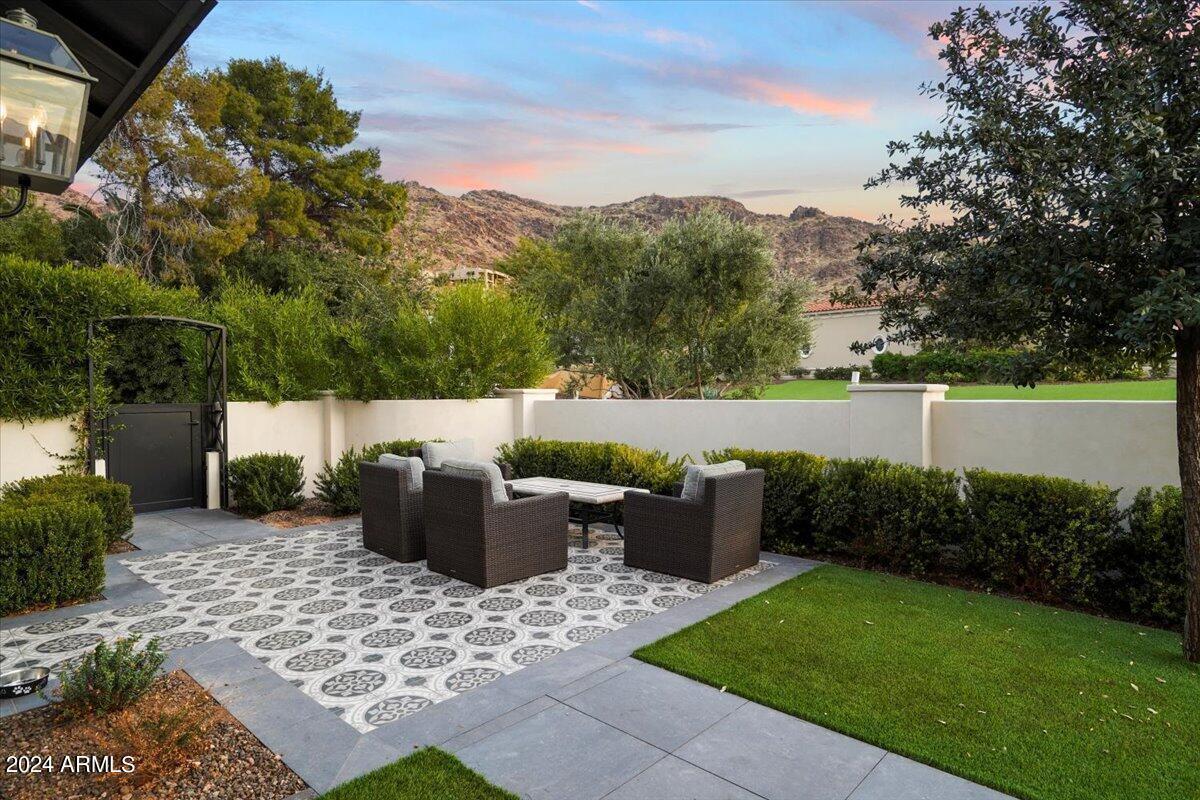 Patio with table and chairs.