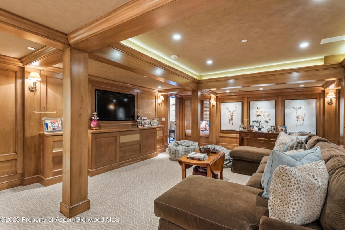 Living room with a couch, TV and a carpet flooring.