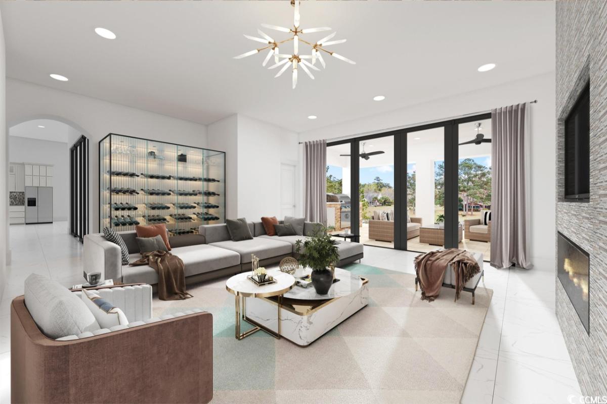 Living room with sofas, tile flooring, fireplace and custom lighting.