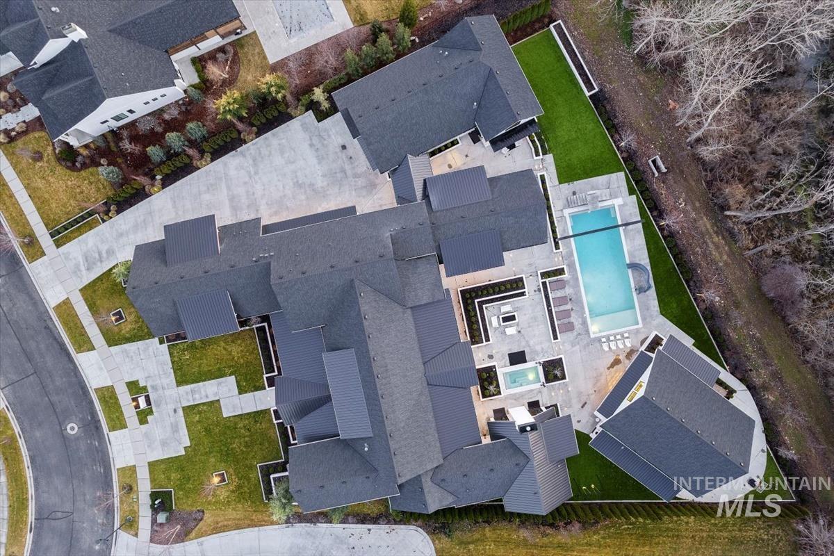 Aerial top view with a pool.