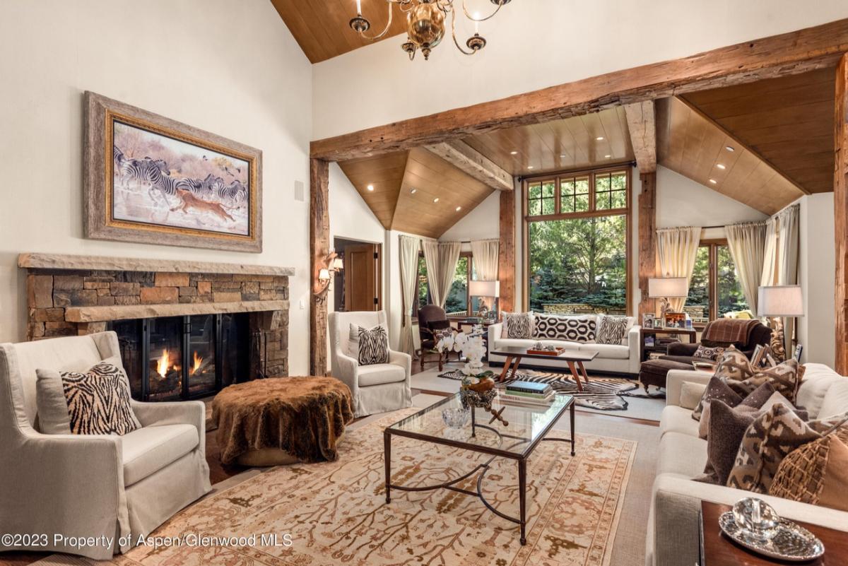 Living room with couches, fireplace, glass windows, and a large rug.
