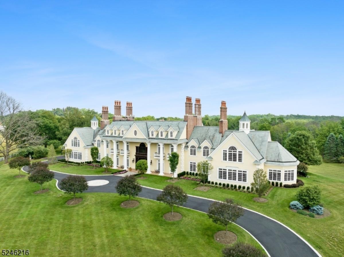 Aerial front view of the mansion with a driveway and a large green lawn.