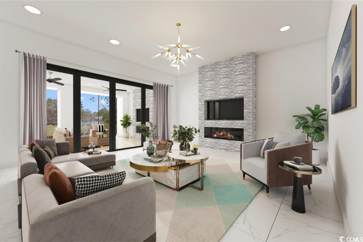 Living room with sofas, tile flooring, fireplace and custom lighting.