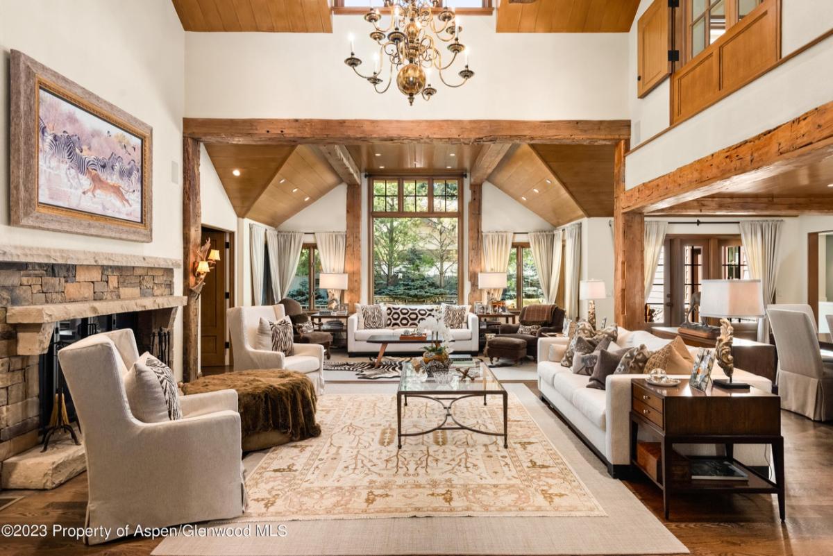 Living room with couches, fireplace, glass windows, and a large rug.
