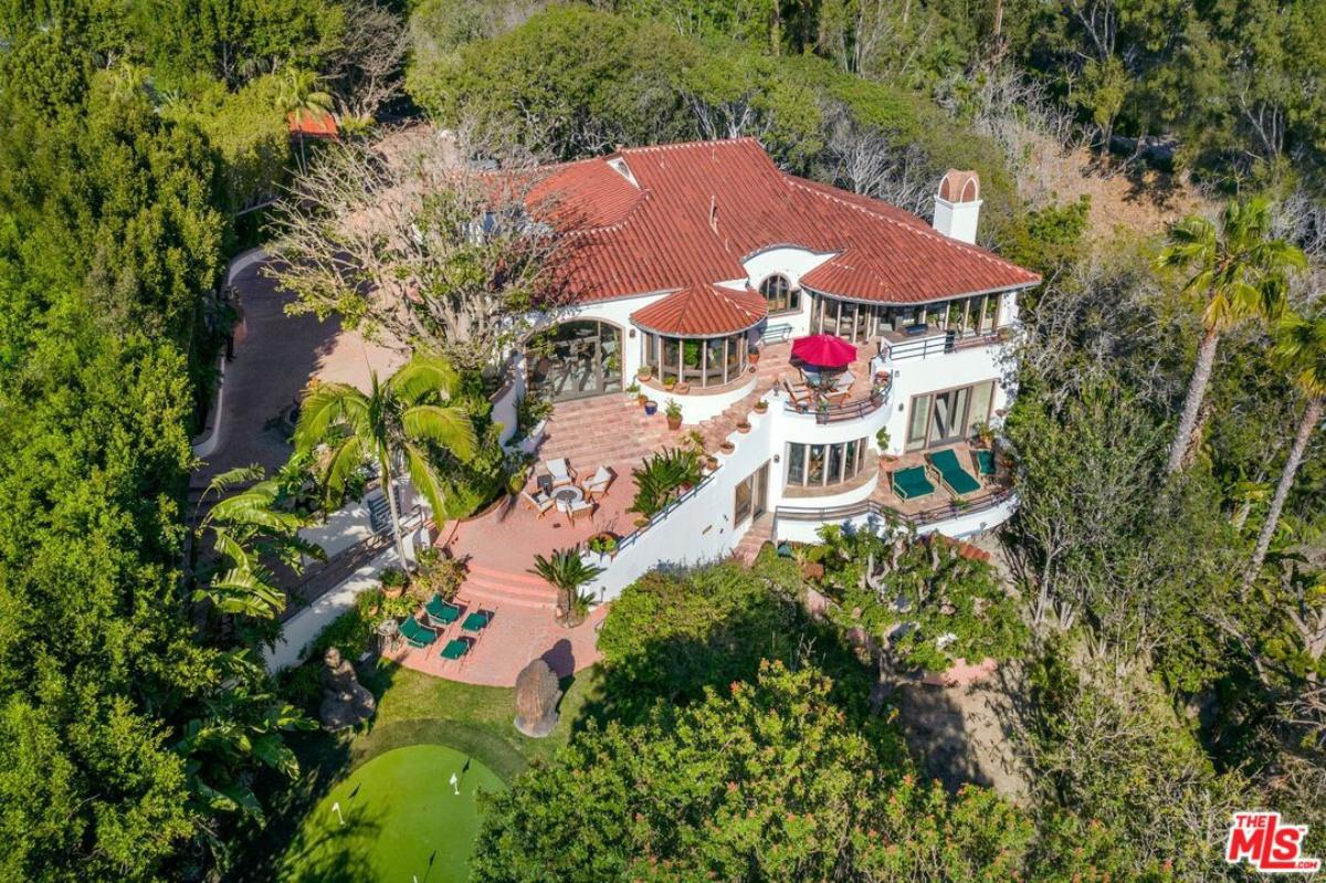 Aerial view of the mansion surrounded by trees.