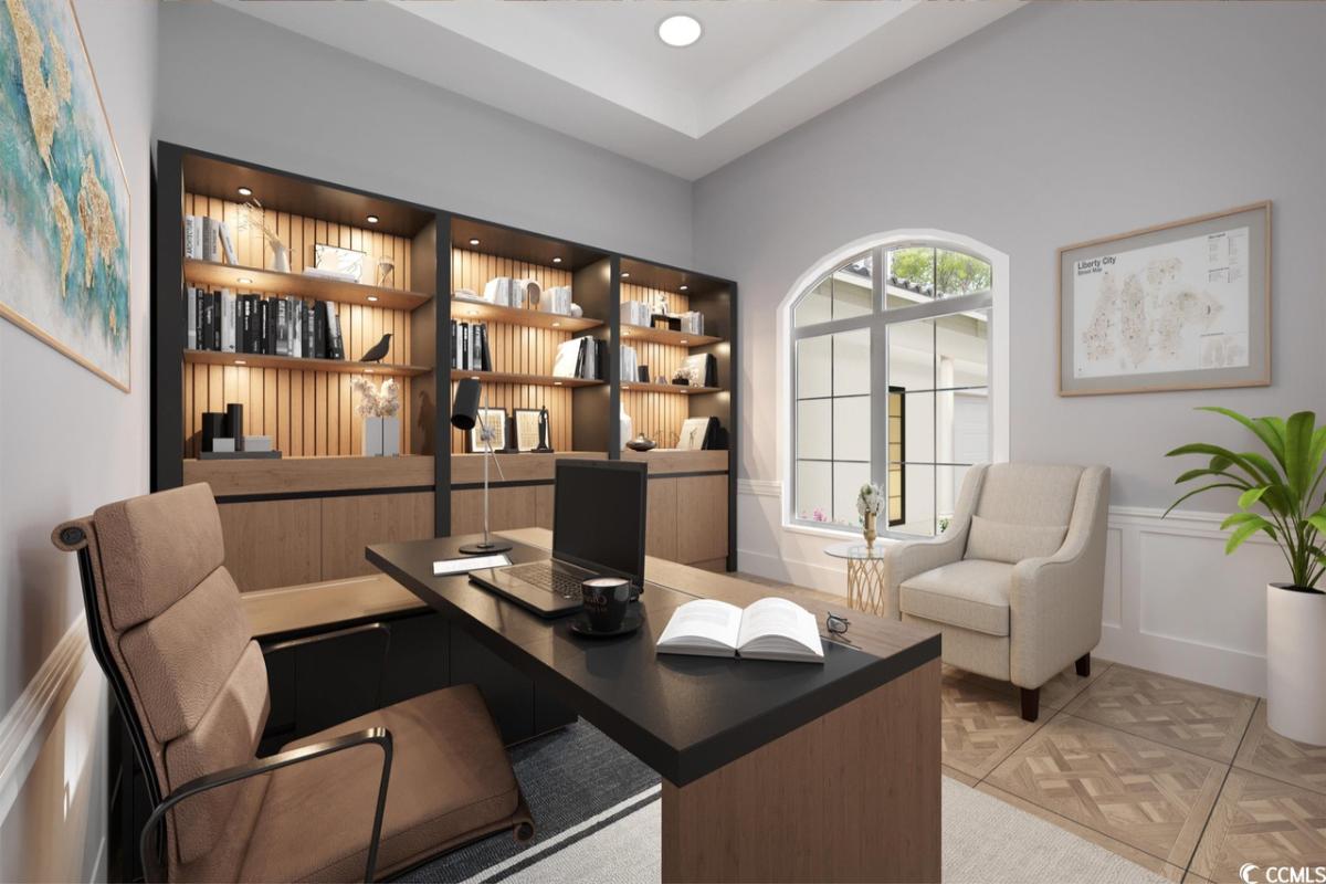 Home office with a book shelf.