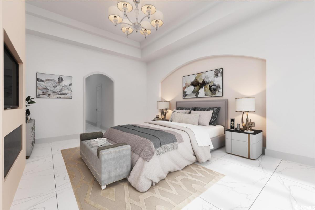 Bedroom with tile flooring and a fireplace.