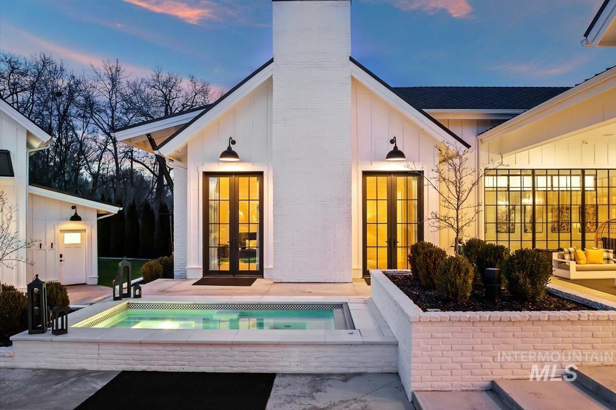 Exterior view with a pool.