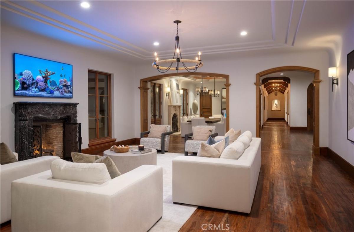 Living room with a couch, TV, fireplace and a large rug.