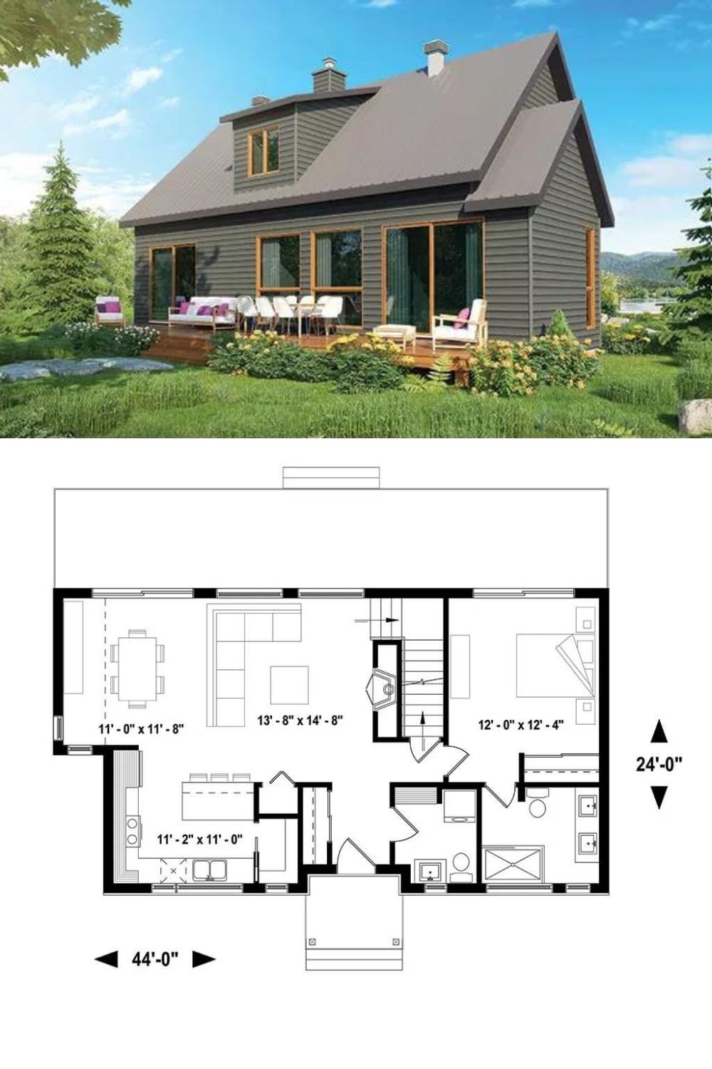 Stone and siding along with warm wood trims embellish this two-story cottage style home. It includes a covered entry and an expansive rear patio, both topped with a centered shed dormer.
