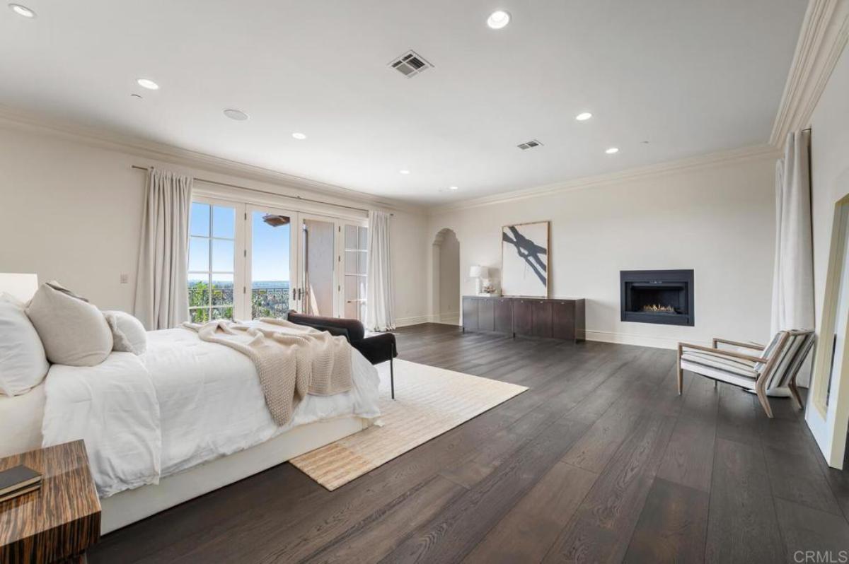 Bedroom with hardwood floors, glass door and a fireplace.
