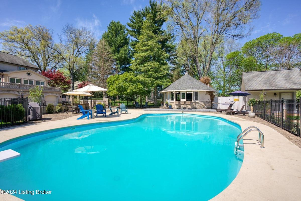 Pool with a pool house.