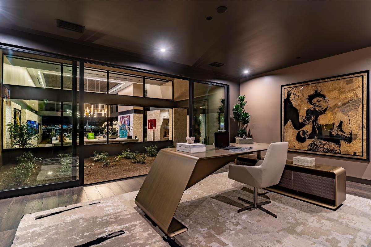 Home office with sliding glass door.