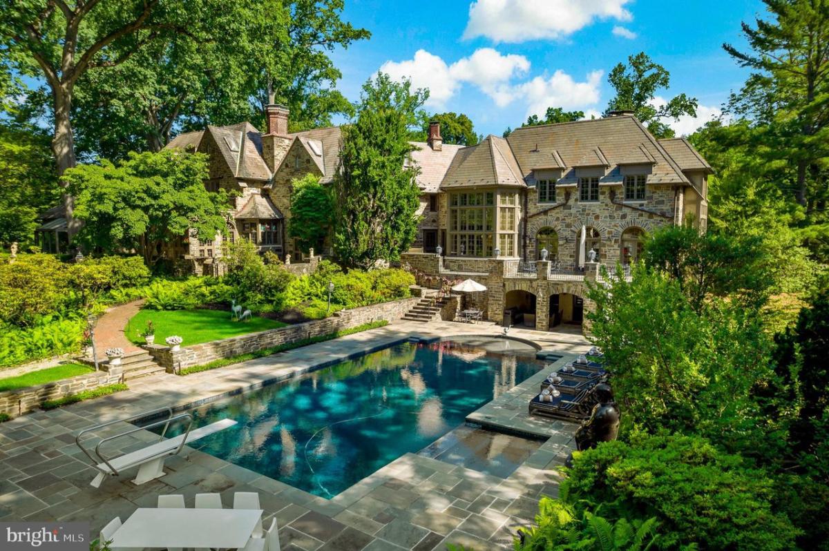 Rear view of the mansion with a pool.
