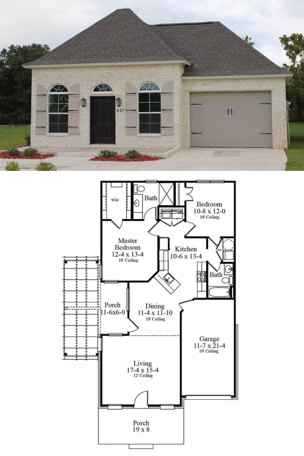A stately brick exterior, hipped rooflines, and arched windows with barn shutters adorn this 2-bedroom traditional home.