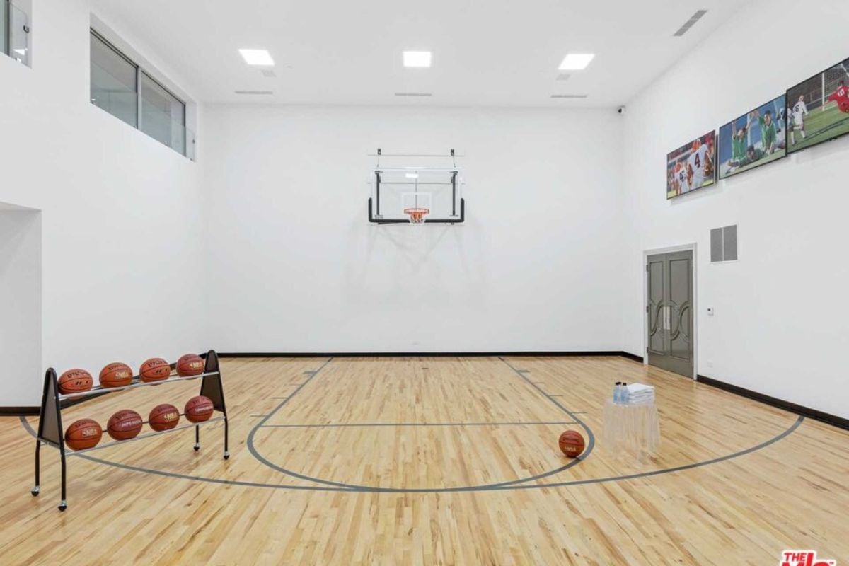 An indoor basketball court.