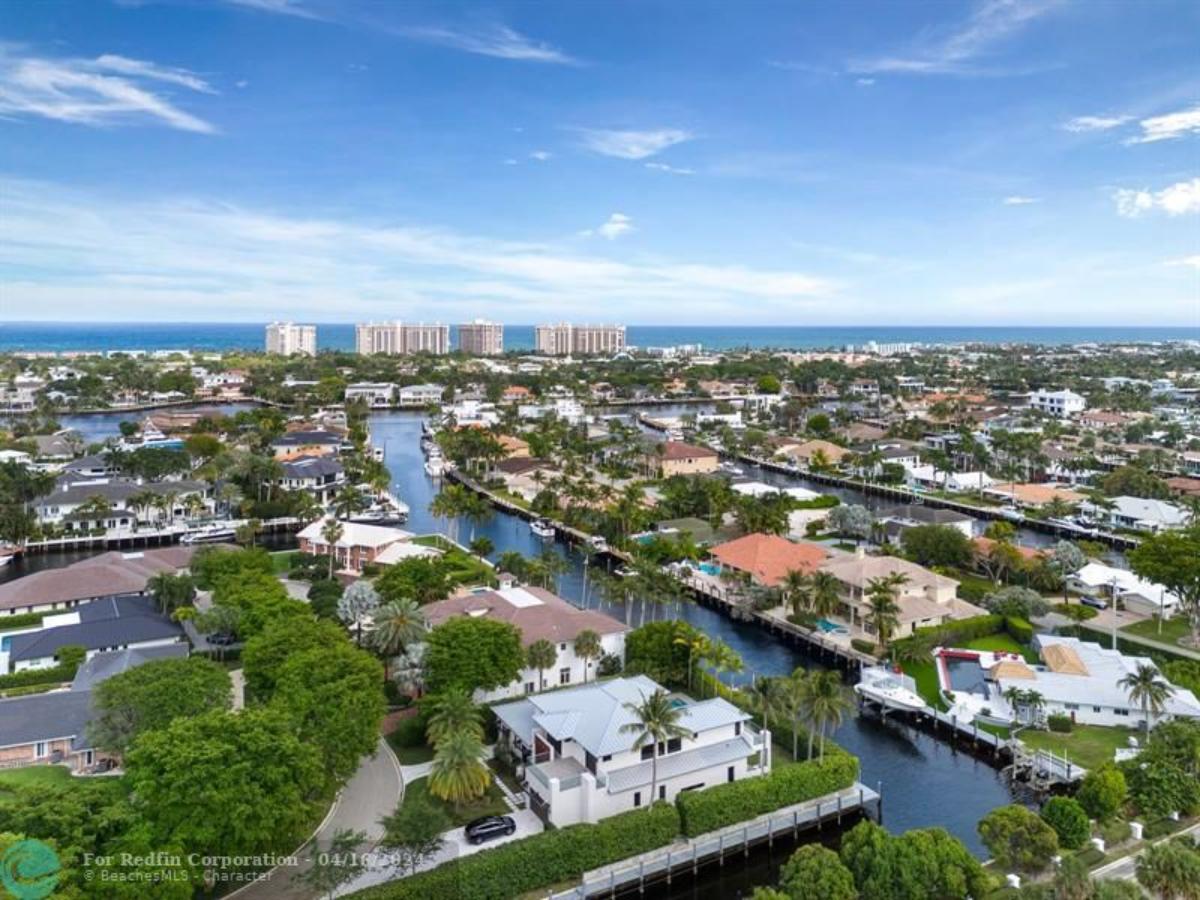 Aerial view of the mansion with nearby residences.