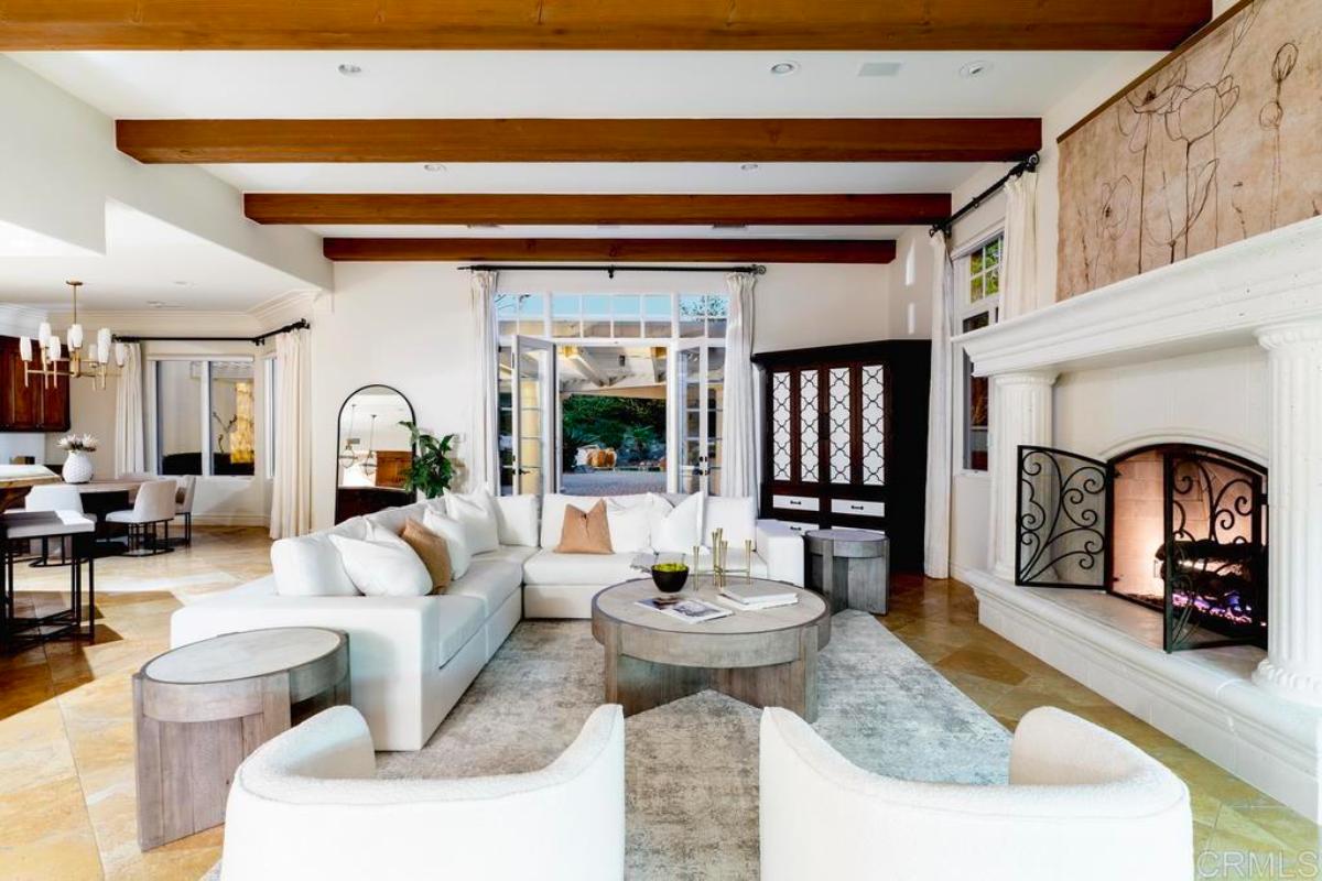 Living room with sofas and a fireplace.