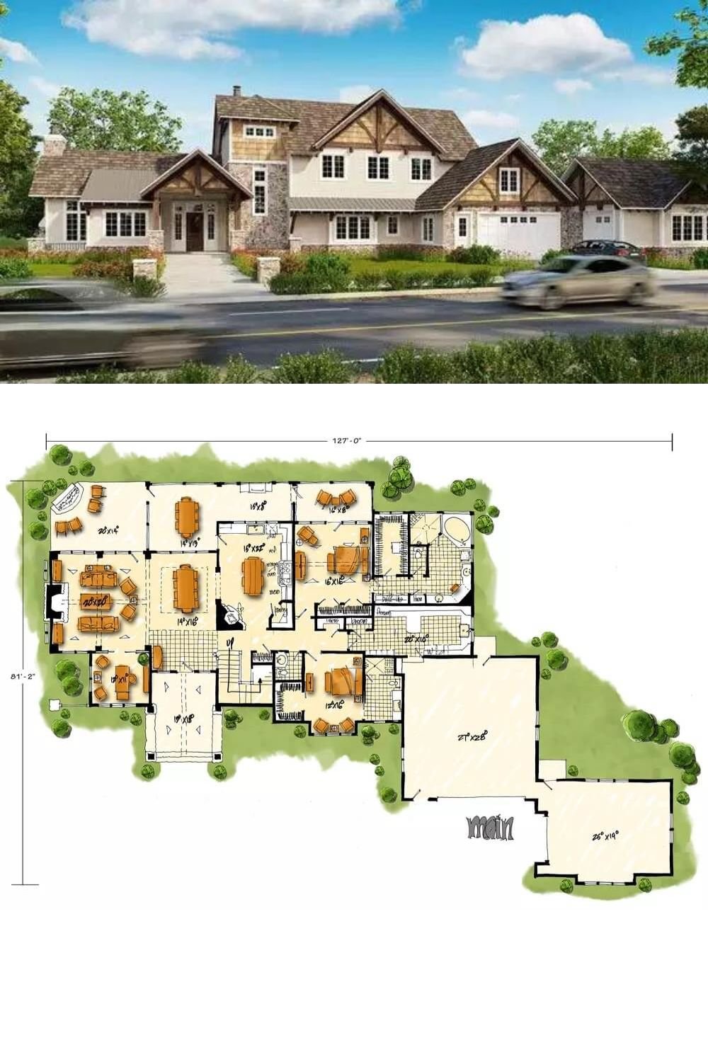 A beautiful blend of stone, stucco, and cedar shakes adorns this 4-bedroom traditional home. It includes an inviting entry porch and an oversized garage that accesses the home through the utility room.