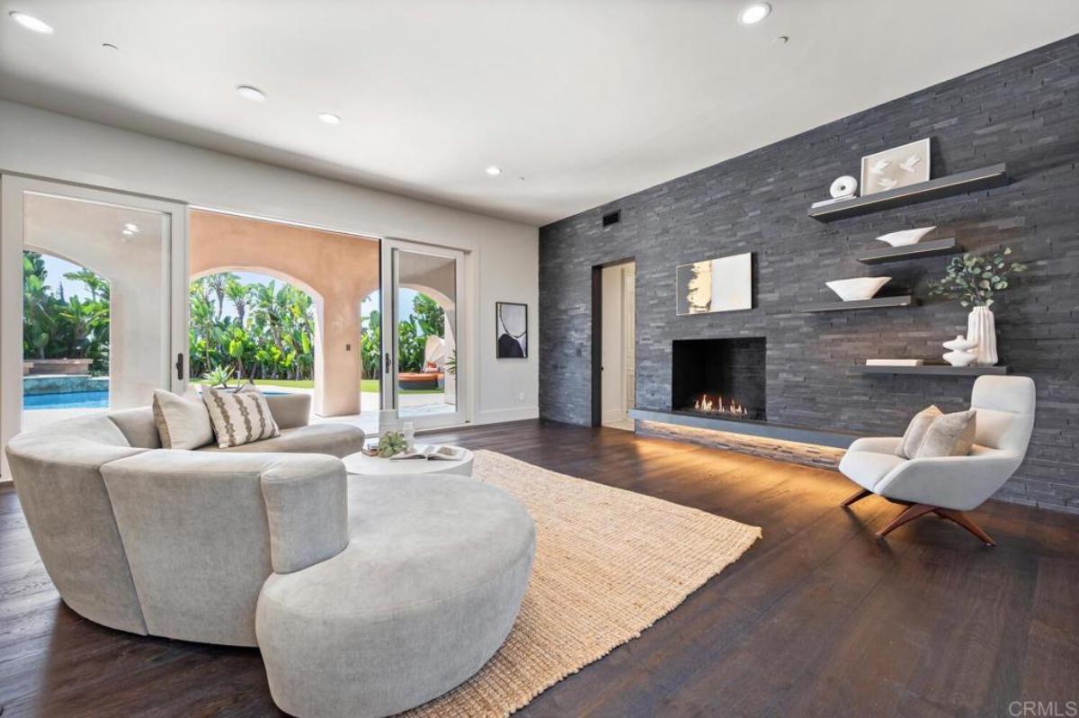 Living room with hardwood floors and a fireplace.