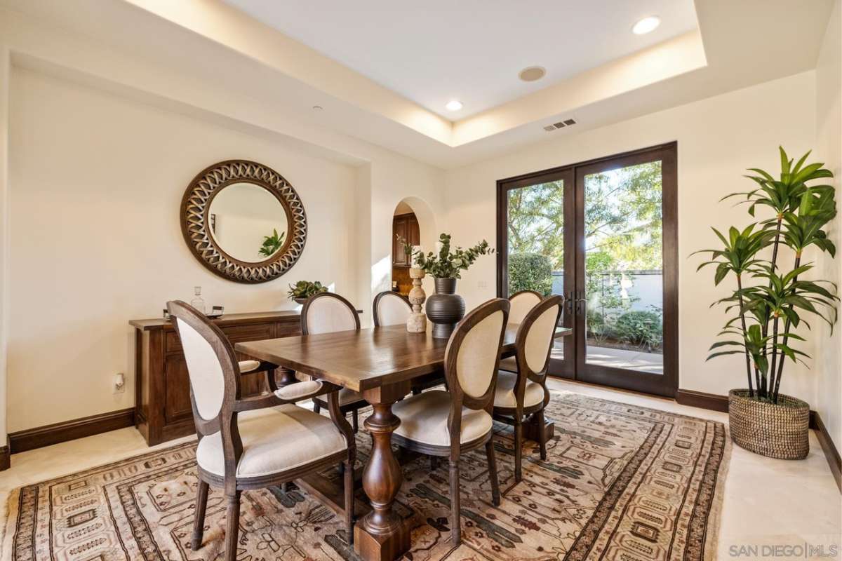 A dining room with a mirror, rug, houseplants, and a dining table surrounded by chairs.
