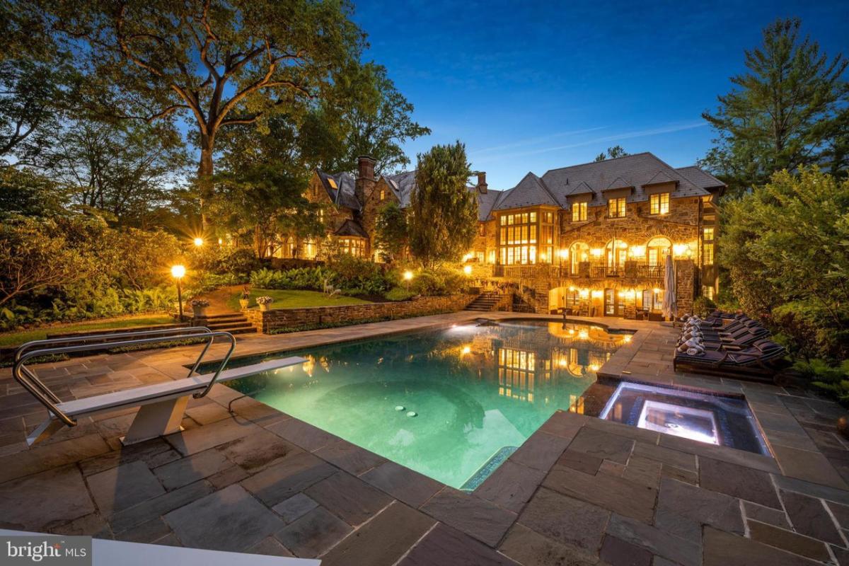Rear view of the mansion with a pool.