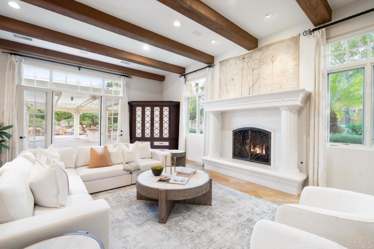 Living room with sofas and a fireplace.