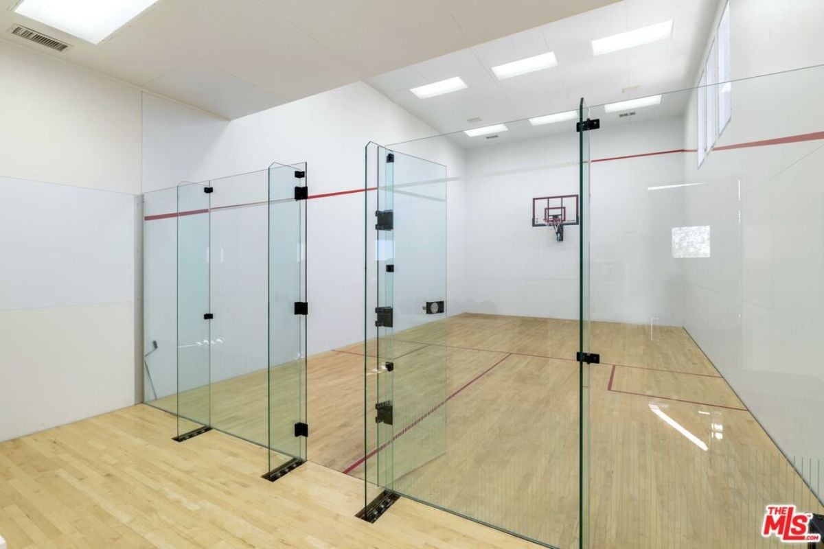 An indoor basketball court.